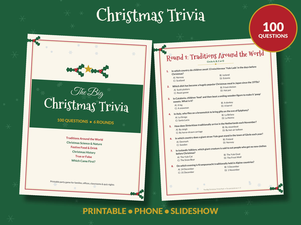 Christmas Trivia Game Printable, 100 Questions, Family Christmas Party Game, Office Holiday Quiz, Phone & Slideshow, Kids & Adults