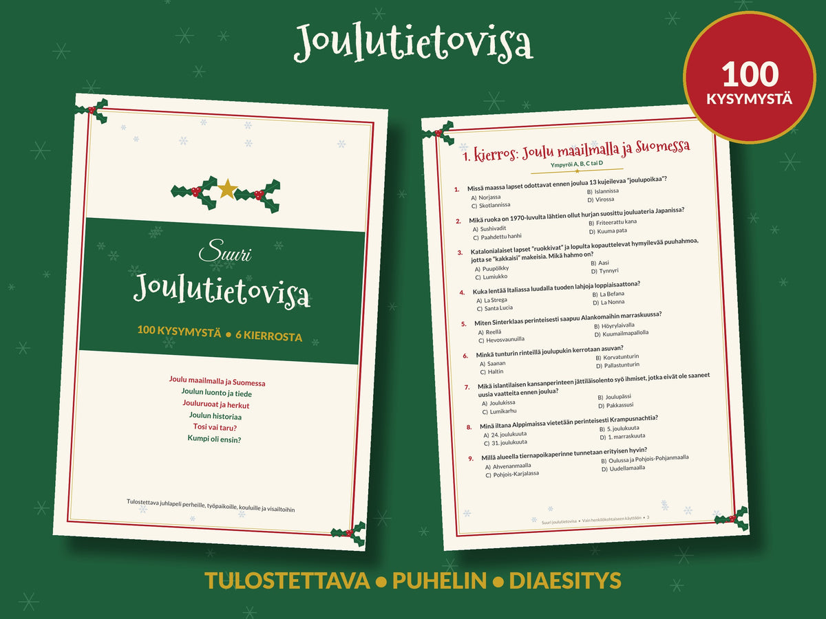 Joulutietovisa tulostettava, 100 kysymystä, Joulupeli perheelle ja pikkujouluihin, Joulukysymykset suomeksi, PDF, puhelin ja diaesitys