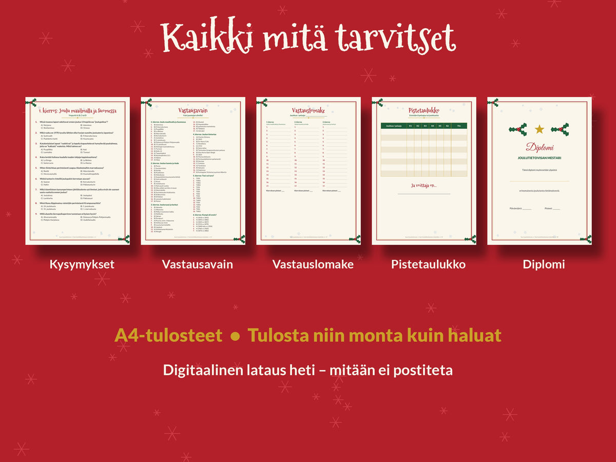 Joulutietovisa tulostettava, 100 kysymystä, Joulupeli perheelle ja pikkujouluihin, Joulukysymykset suomeksi, PDF, puhelin ja diaesitys