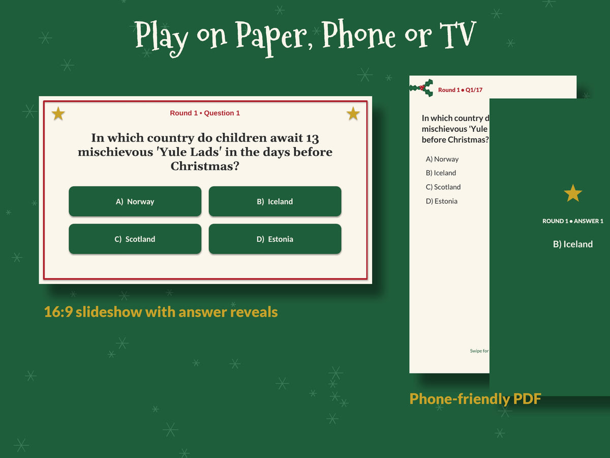 Christmas Trivia Game Printable, 100 Questions, Family Christmas Party Game, Office Holiday Quiz, Phone & Slideshow, Kids & Adults