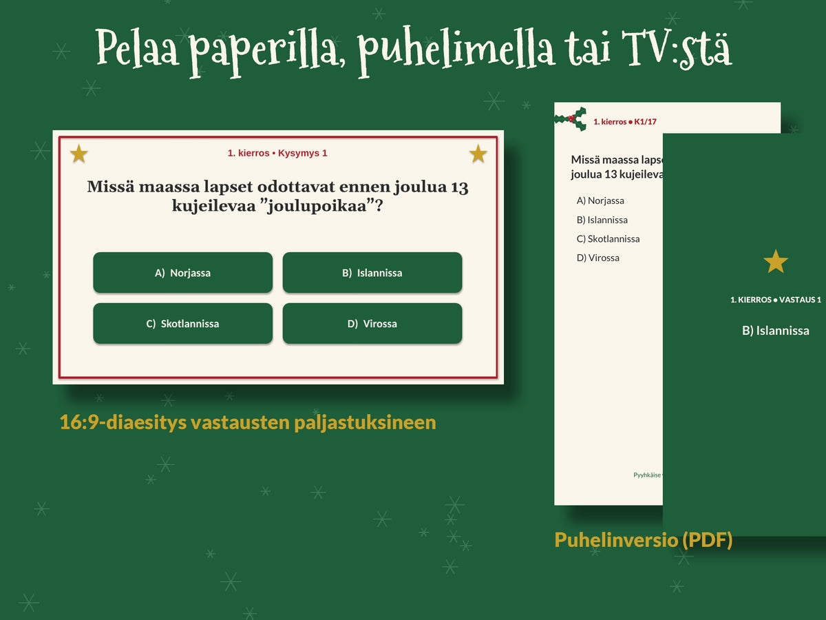 Joulutietovisa tulostettava, 100 kysymystä, Joulupeli perheelle ja pikkujouluihin, Joulukysymykset suomeksi, PDF, puhelin ja diaesitys