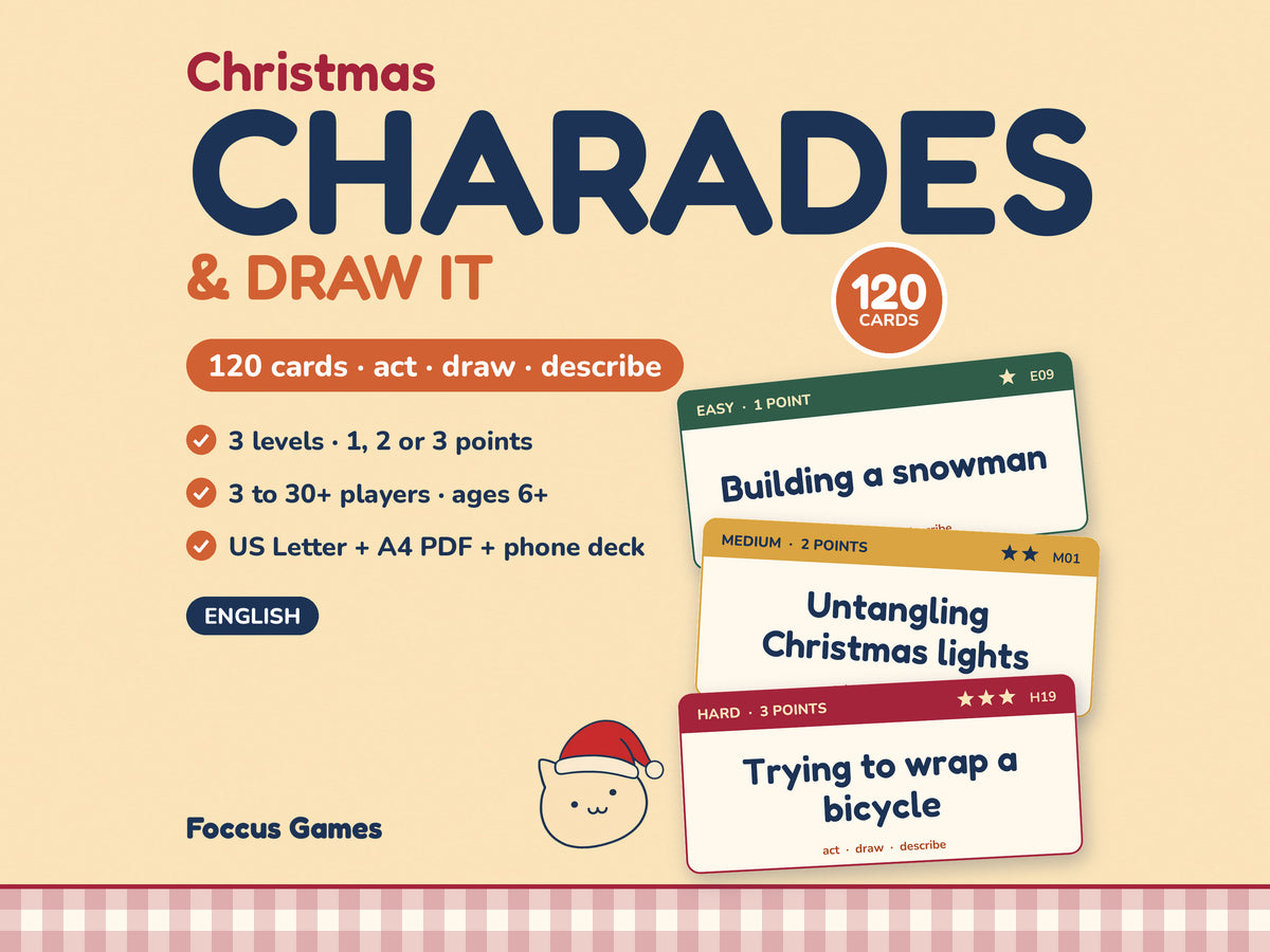 Christmas Charades & Draw-It Cards – printable Christmas party game with 120 act it, draw it and describe it cards