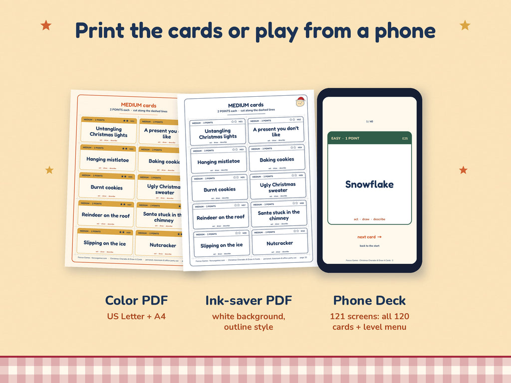 Christmas Charades cards print in US Letter or A4, with ink-saver versions, or play from the phone deck
