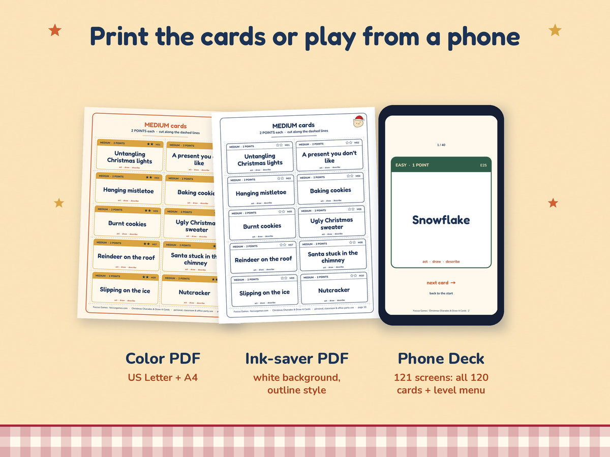 Christmas Charades cards print in US Letter or A4, with ink-saver versions, or play from the phone deck