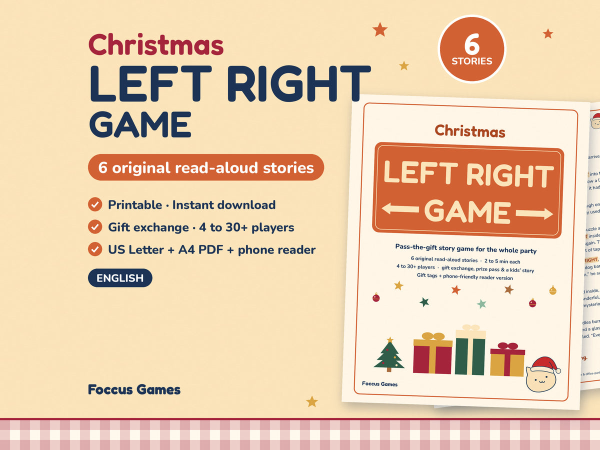 Christmas Left Right Game printable gift exchange game cover with 6 pass-the-gift stories