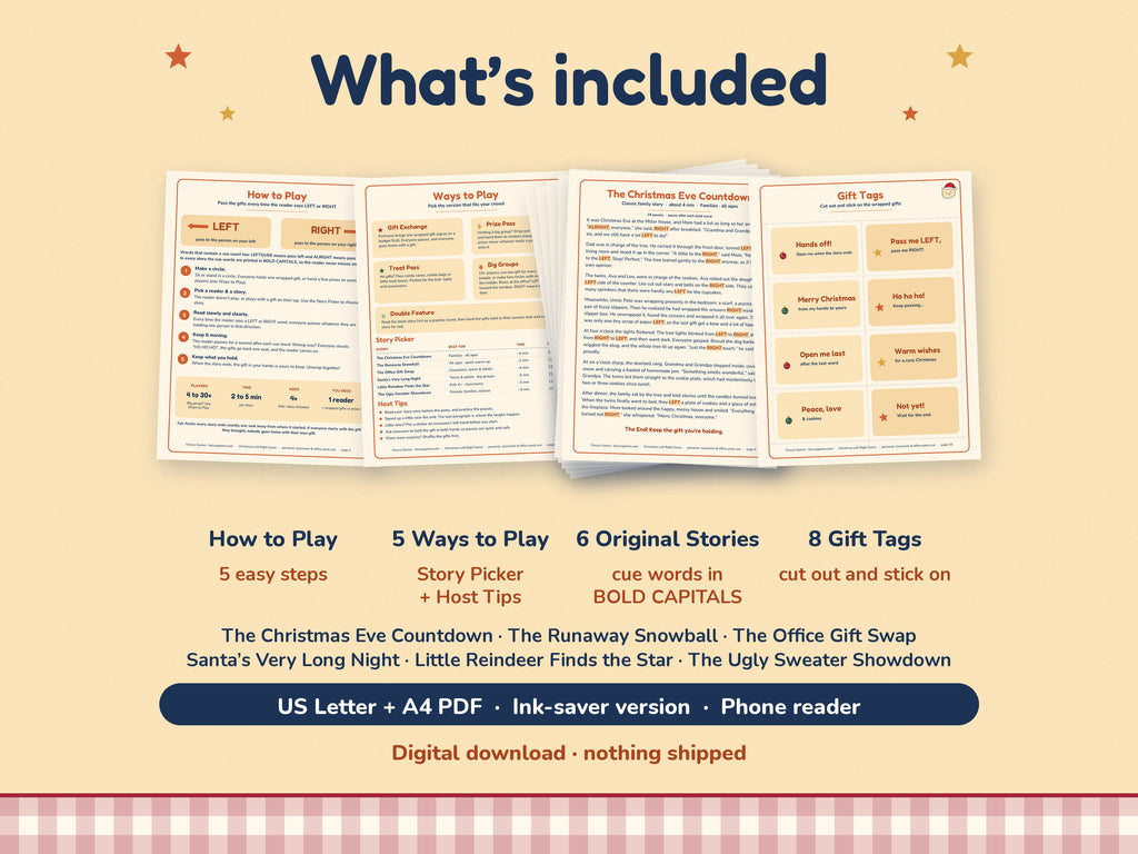 What's included in the Christmas Left Right Game: 6 stories, how to play, story picker, gift tags, US Letter, A4, ink saver and phone reader