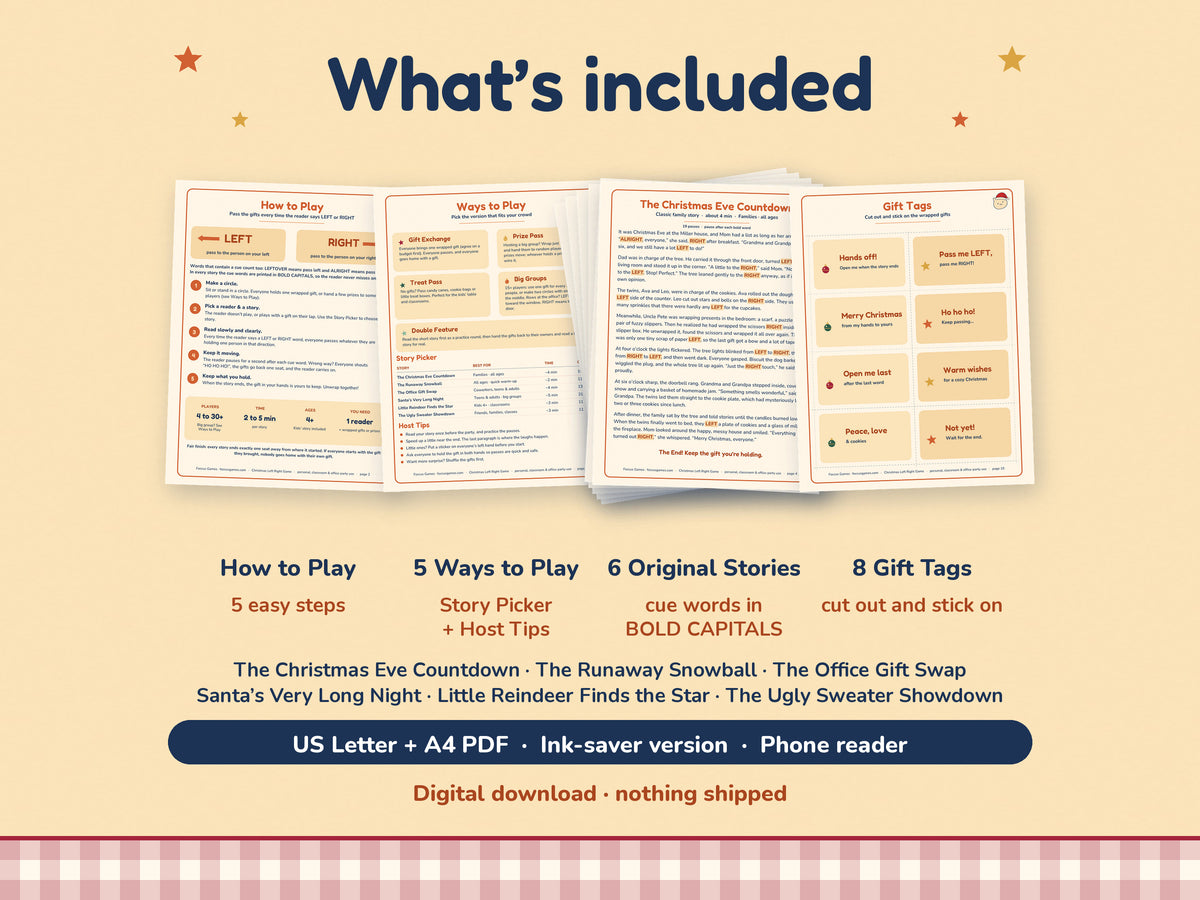 What's included in the Christmas Left Right Game: 6 stories, how to play, story picker, gift tags, US Letter, A4, ink saver and phone reader