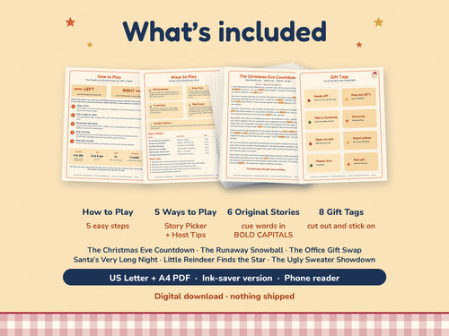 What's included in the Christmas Left Right Game: 6 stories, how to play, story picker, gift tags, US Letter, A4, ink saver and phone reader