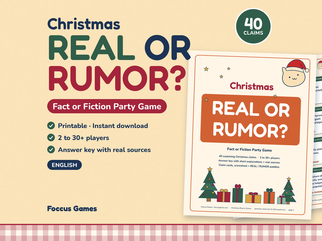 Christmas Real or Rumor printable fact or fiction party game cover with 40 claim cards