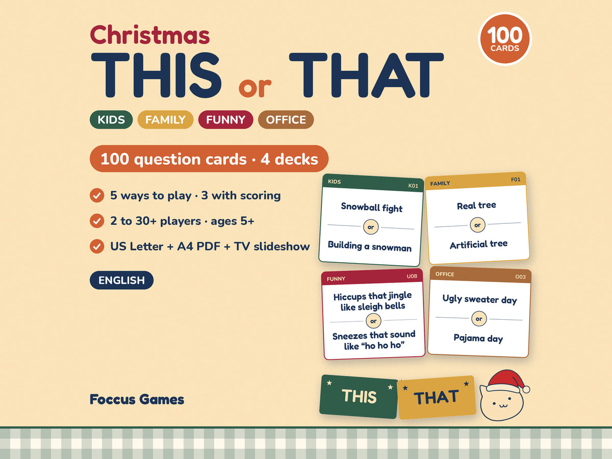 Christmas This or That Cards – printable Christmas party game and icebreaker with 100 question cards