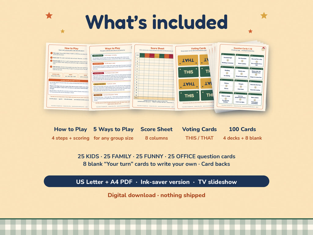 What’s included in Christmas This or That: 4 decks (kids, family, funny, office), blank cards, voting cards, rules and score sheet