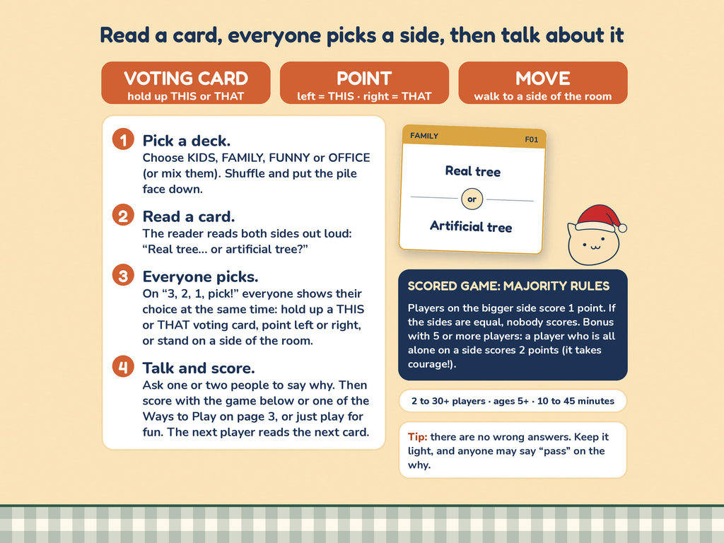 How to play Christmas This or That: read a card, everyone picks THIS or THAT, explain or keep score