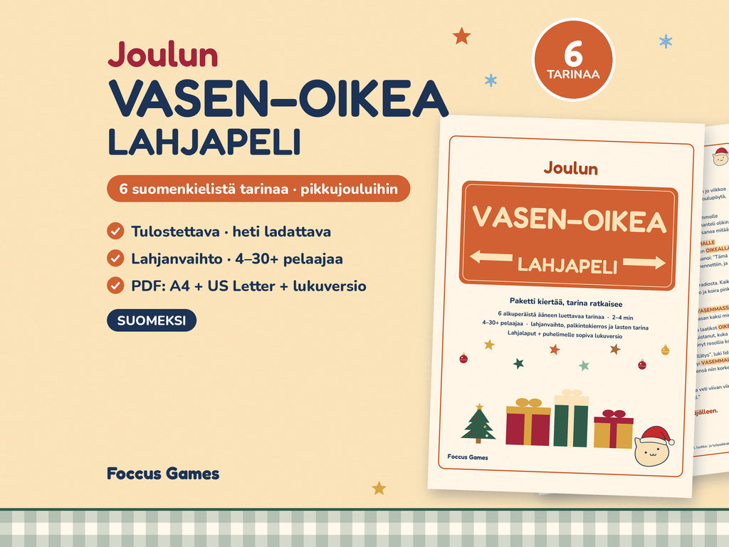 Joulun vasen–oikea-lahjapeli, tulostettava pikkujoulupeli: 6 suomenkielistä tarinaa lahjanvaihtoon