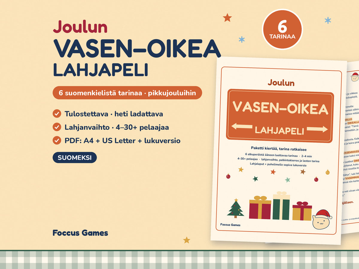 Joulun vasen–oikea-lahjapeli, tulostettava pikkujoulupeli: 6 suomenkielistä tarinaa lahjanvaihtoon
