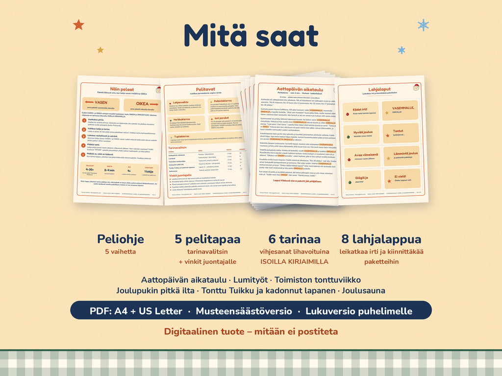 Joulun vasen–oikea-lahjapelin sisältö: 6 tarinaa, peliohje, tarinavalitsin, lahjalaput, A4 ja US Letter, musteensäästö- ja lukuversio