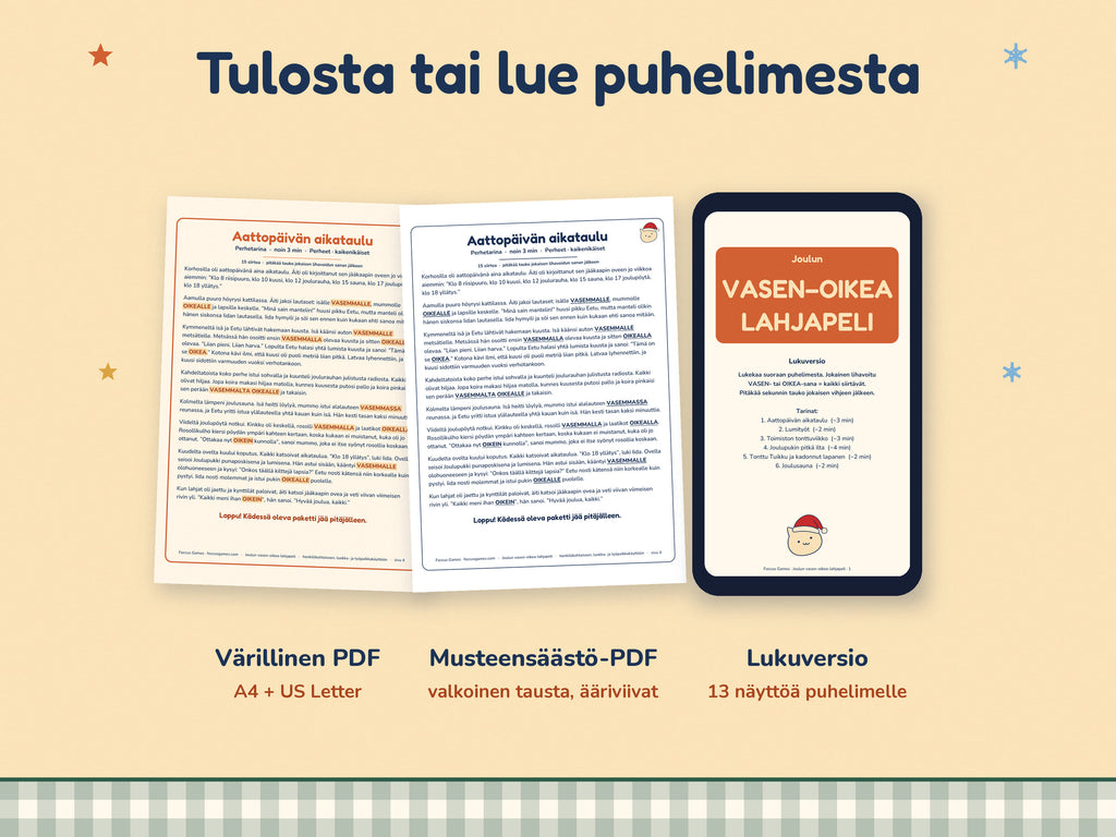 Joulun vasen–oikea-lahjapeli: tulosta tarinat tai lue ne puhelimesta