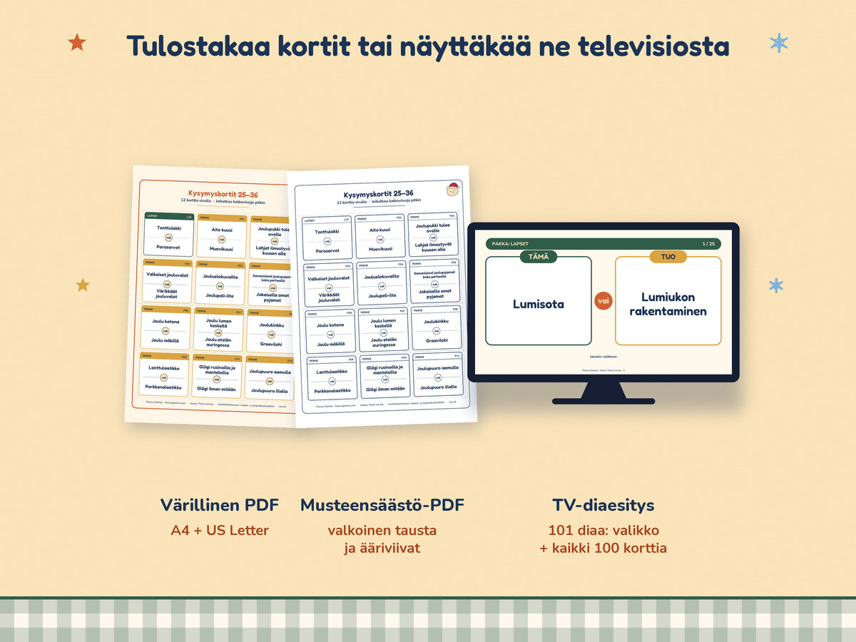 Joulun Tämä vai tuo – tulosta tai pelaa näytöltä