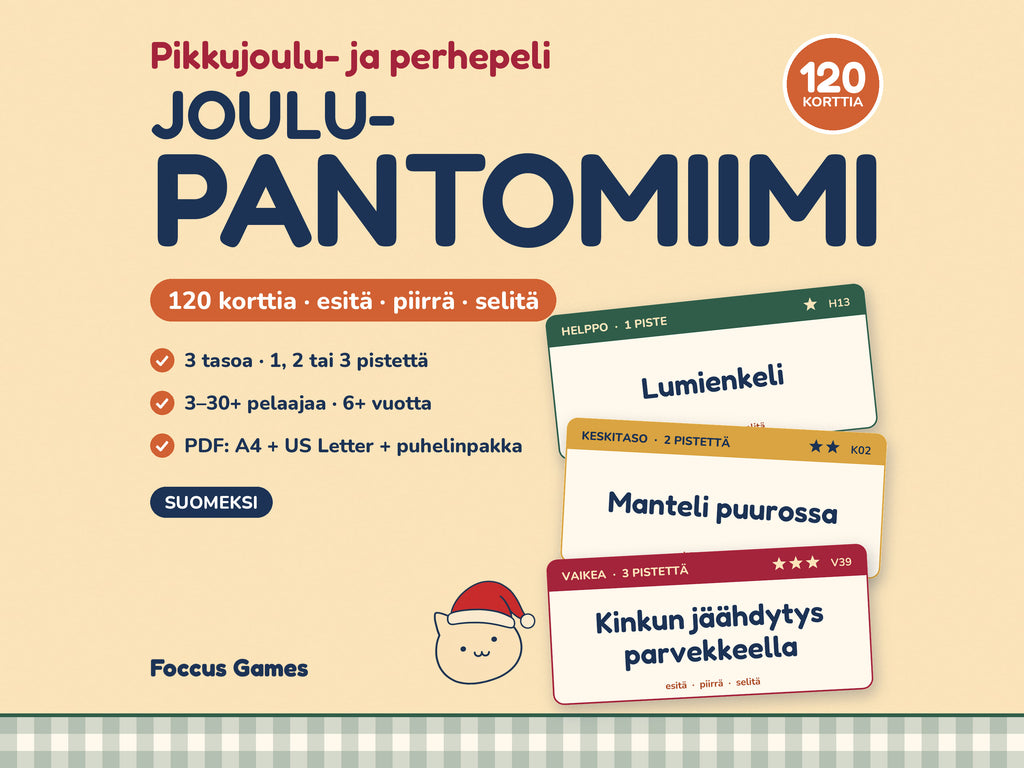 Joulupantomiimi – tulostettava suomenkielinen pikkujoulupeli, 120 korttia: esitä, piirrä tai selitä