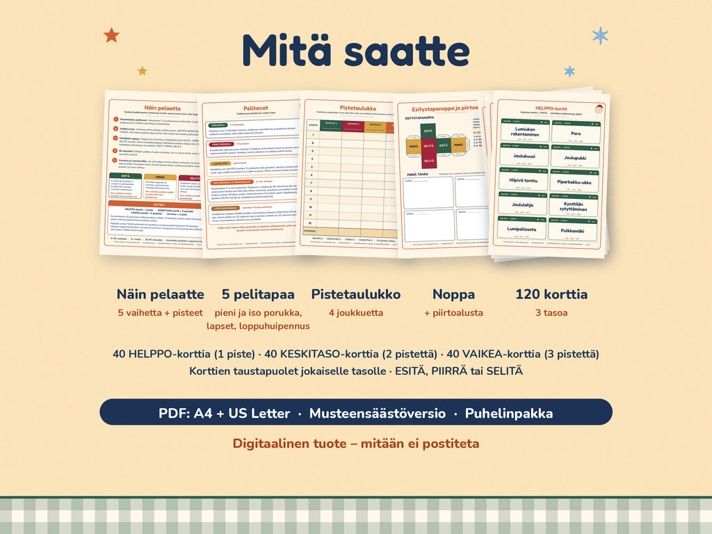 Mitä saat: 120 korttia kolmella tasolla, esitystapanoppa, peliohje, pistetaulukko, piirtoalusta ja puhelinpakka