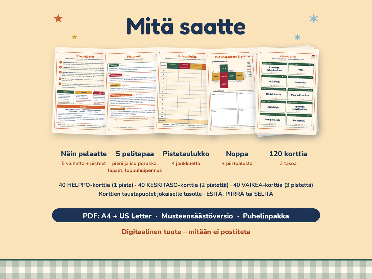 Mitä saat: 120 korttia kolmella tasolla, esitystapanoppa, peliohje, pistetaulukko, piirtoalusta ja puhelinpakka