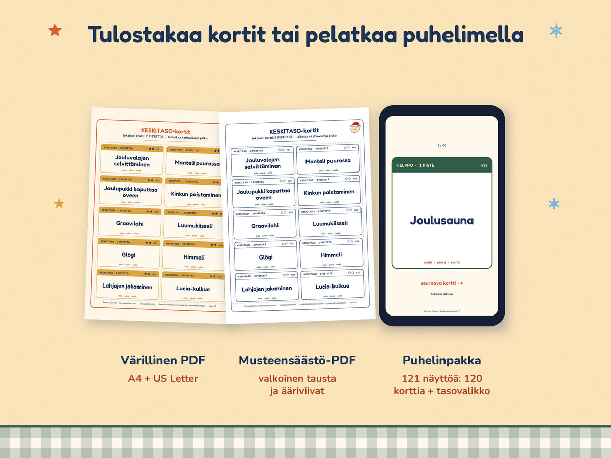 Tulosta kortit A4- tai US Letter -koossa, mustetta säästävinä versioina tai pelaa puhelinpakalla