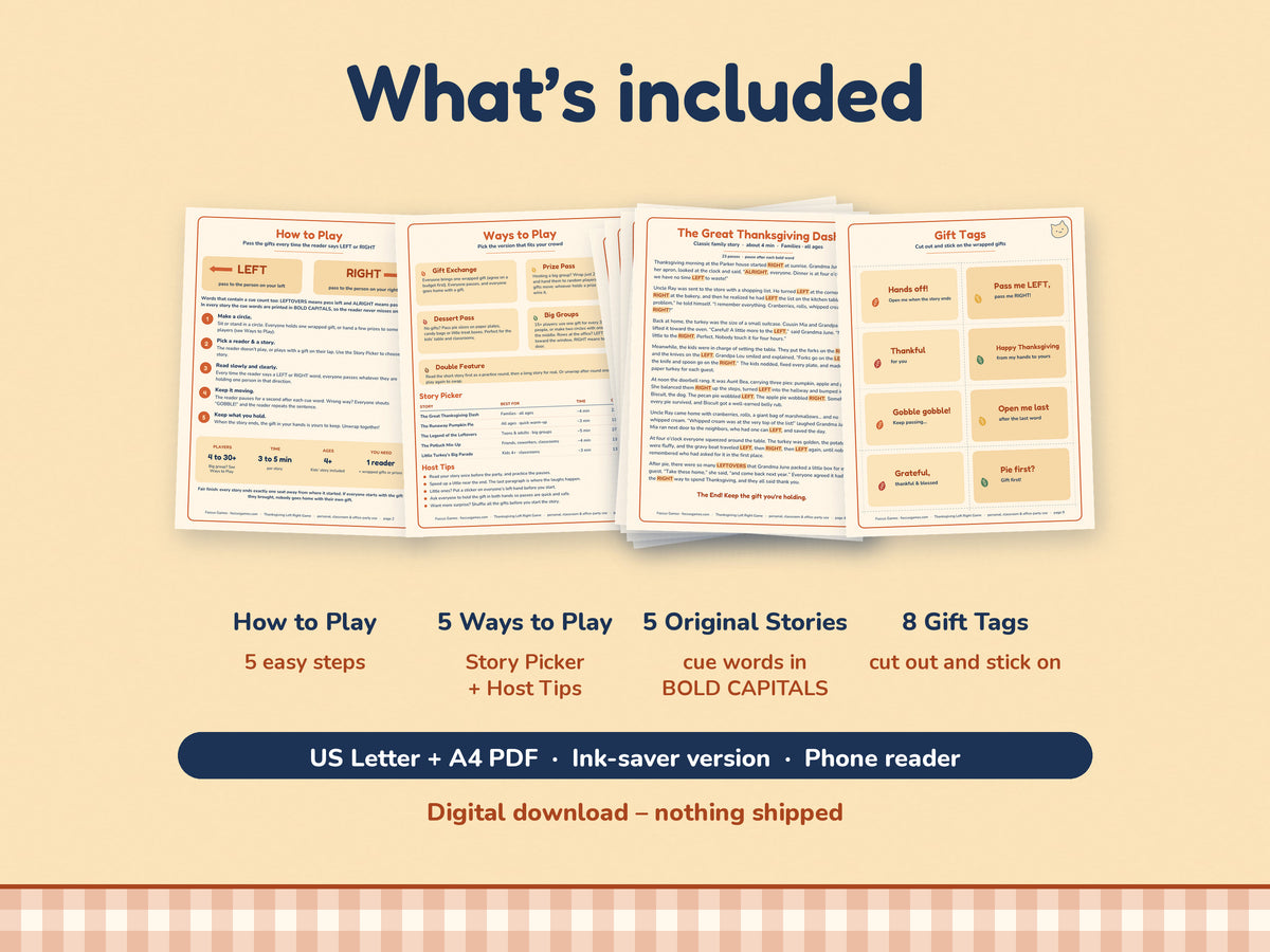 What's included in the Thanksgiving Left Right Game: 5 stories, how to play, story picker, gift tags, US Letter, A4, ink saver and phone reader