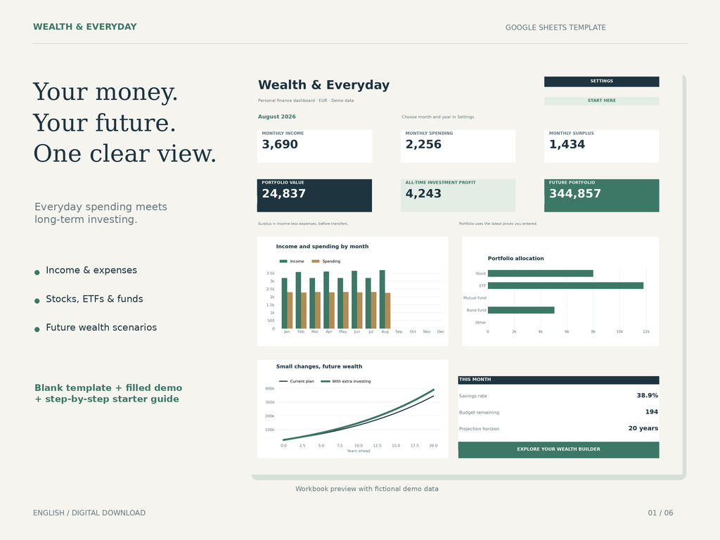 Wealth & Everyday Google Sheets template: income, spending and investment dashboard with fictional demo data.